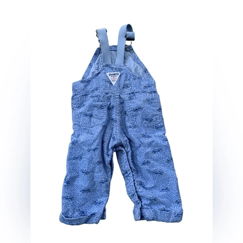 Vintage OshKosh Size 12 Months Blue Transportation Car Print Corduroy Overalls